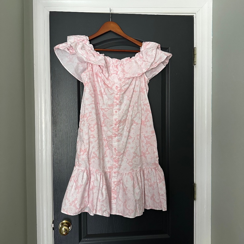 Pink and white ruffled off-the-shoulder button-front minidress | Size M